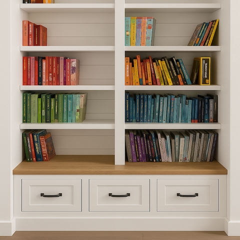 Wooden staircase with built-in storage. Features glass railing and light wood flooring.