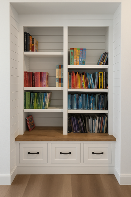 Built-in white bookcase with three shelves, a wood bench, and three drawers, filled with books.