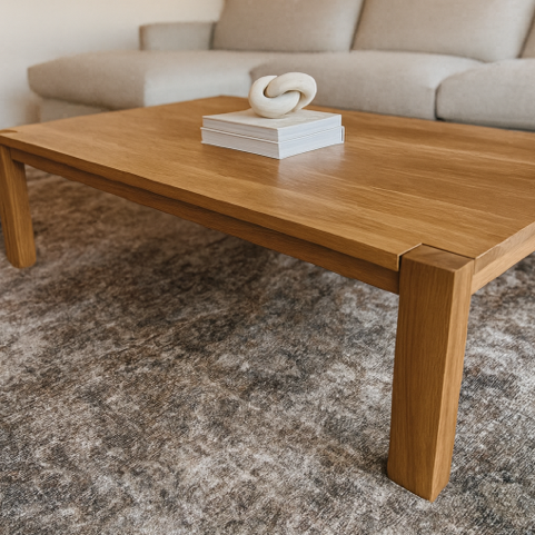 A wooden coffee table holding a white decorative knot sculpture sits on a textured rug in front of a beige sofa.