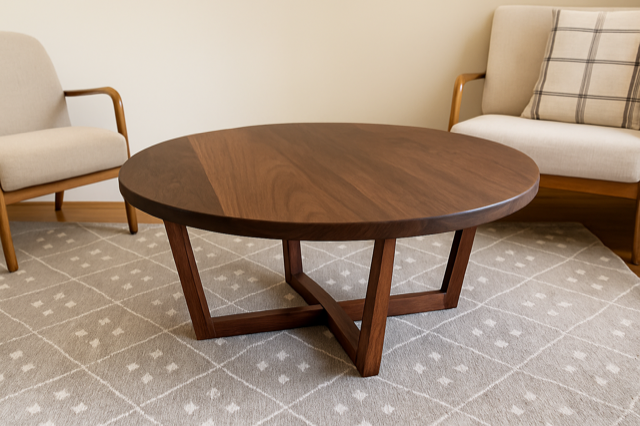 Round wooden coffee table with crossed legs, on a patterned rug. Two armchairs flank it.