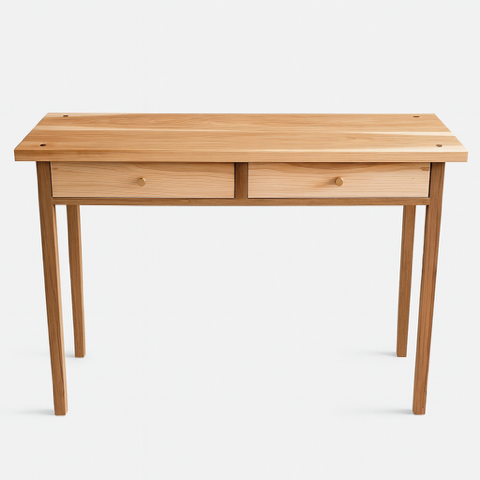 Wooden desk with two drawers and tapered legs.