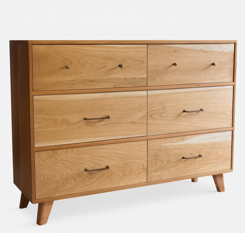 Wooden six-drawer dresser with brass drawer pulls and angled legs; natural wood finish.