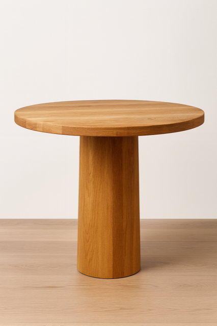 Round wooden table with a thick, cylindrical base.