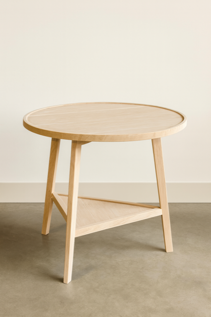 Light wood round side table with triangular base and shelf.