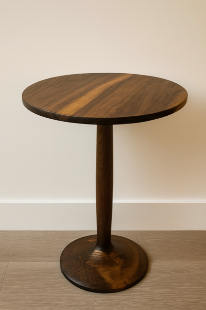 Dark wood, round side table with a pedestal base, on a light-colored wood floor against a white wall.
