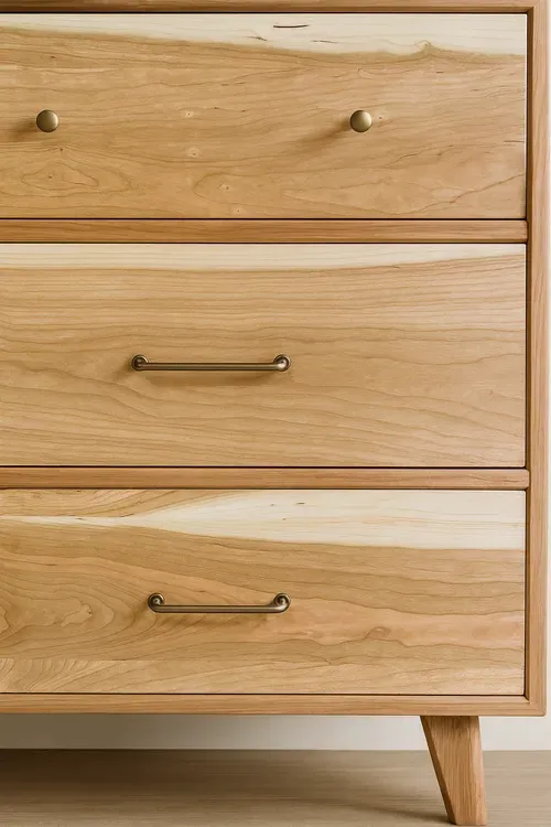 Wooden dresser with three drawers, bronze hardware, and angled legs.