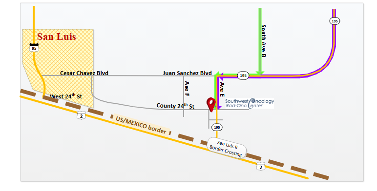Map showing the city of San Luis with surrounding roads and highways.