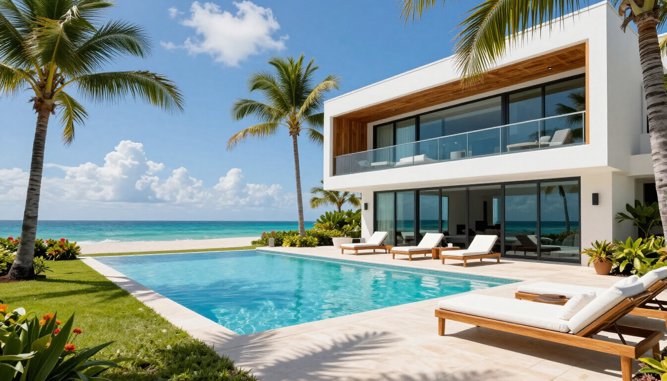 Luxury Sarasota vacation rental near the beach featuring a private pool and tropical landscaping.