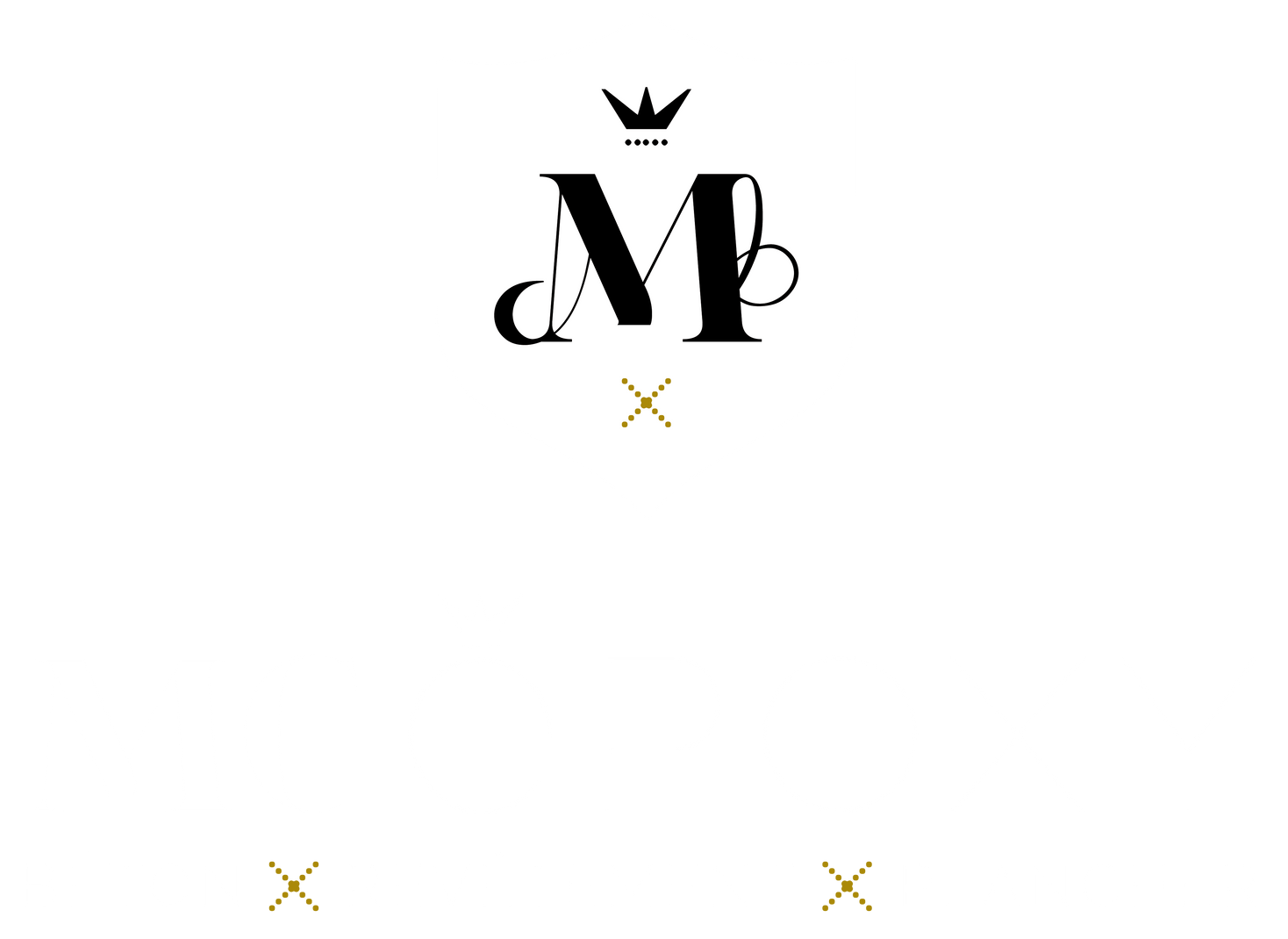 A black and gold logo with the letter m and a crown on a white background.