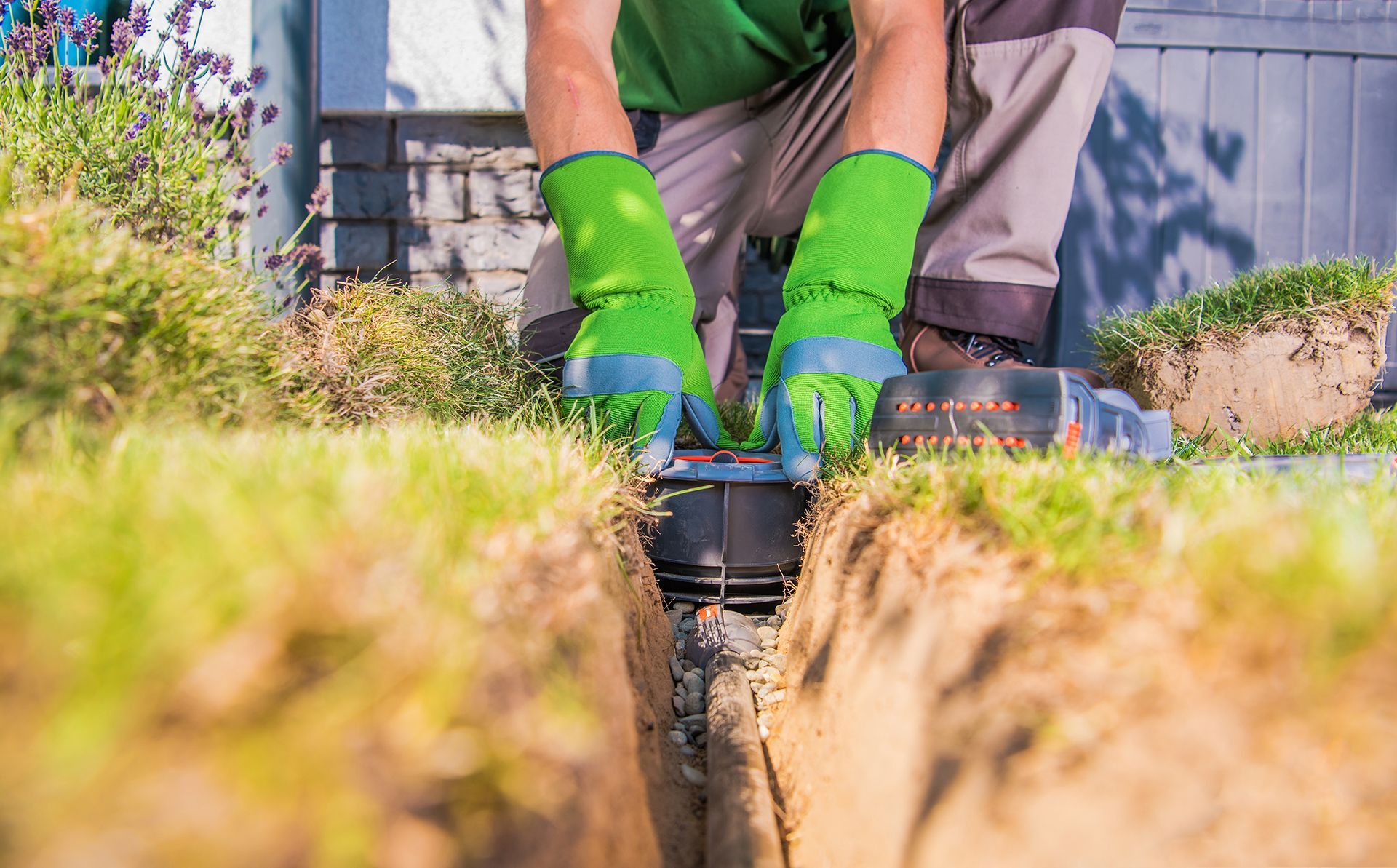A man wearing green gloves is digging a hole in the ground.