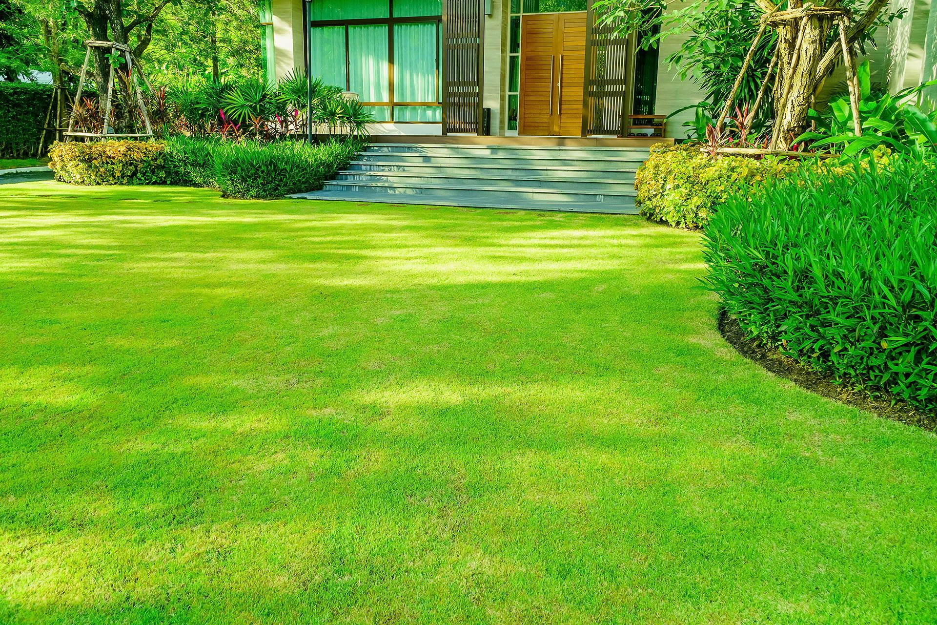 A lush green lawn in front of a house.