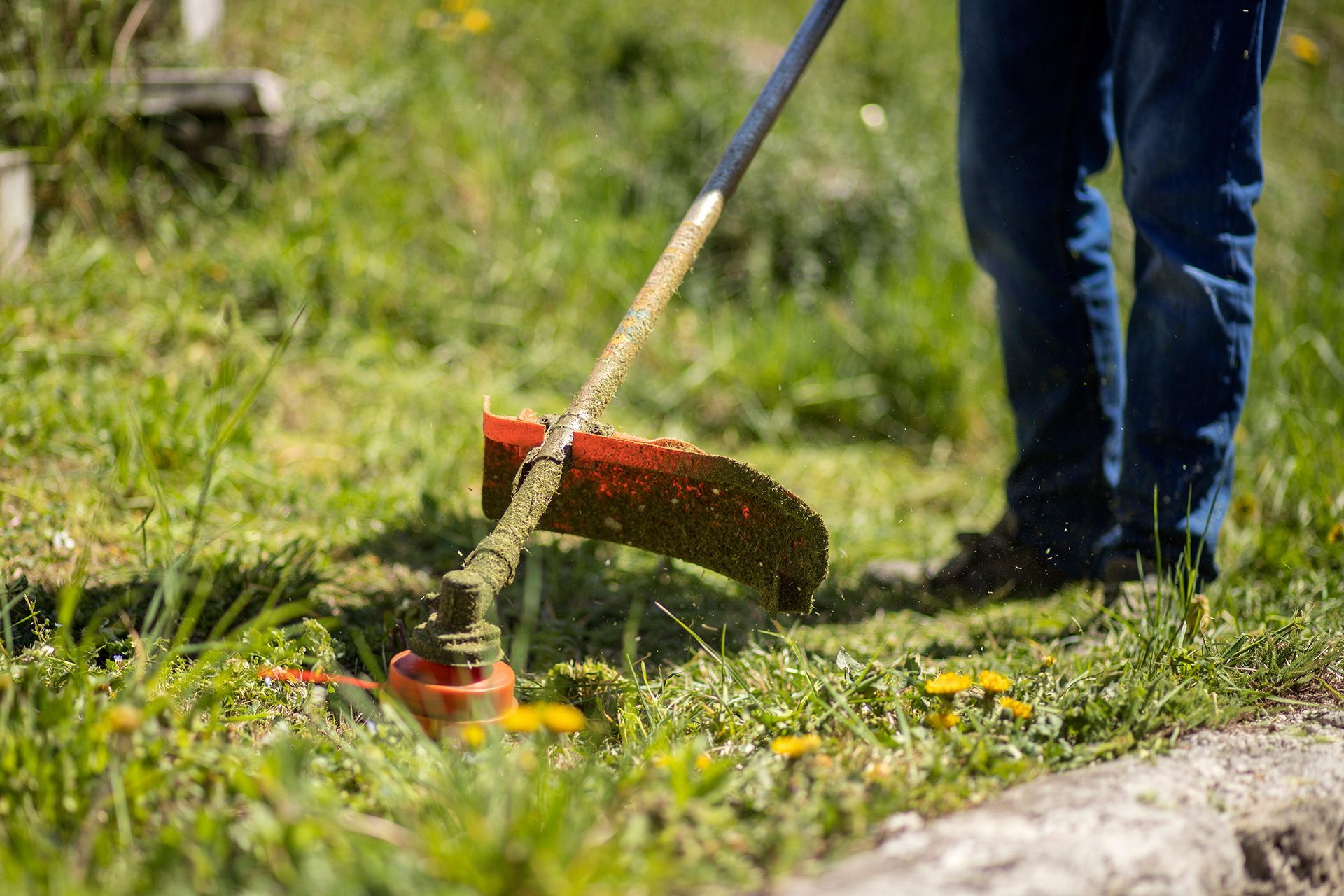 A person is cutting grass with a lawn mower.