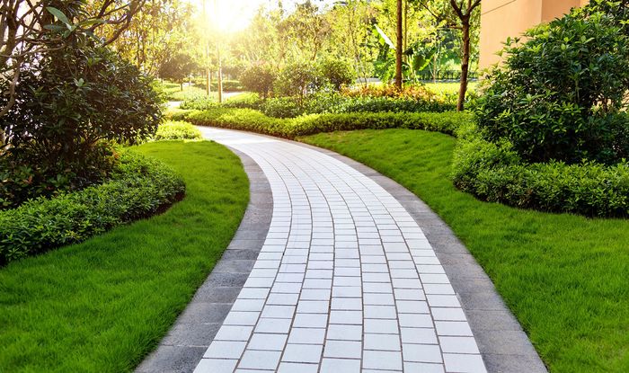 A brick walkway surrounded by grass and trees in a park.