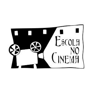 Um desenho em preto e branco de uma câmera de cinema e uma placa que diz escola no cinema.