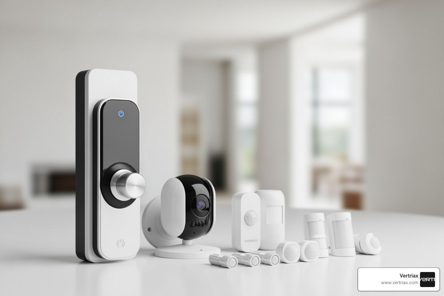A collage of security components including a smart lock, camera, and sensors
