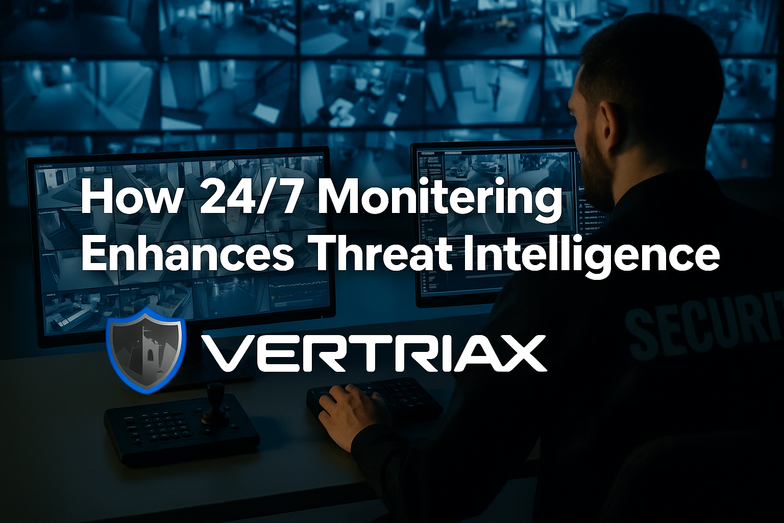 Security professional monitoring live feeds with headline How 24/7 Monitoring Enhances Threat Intel