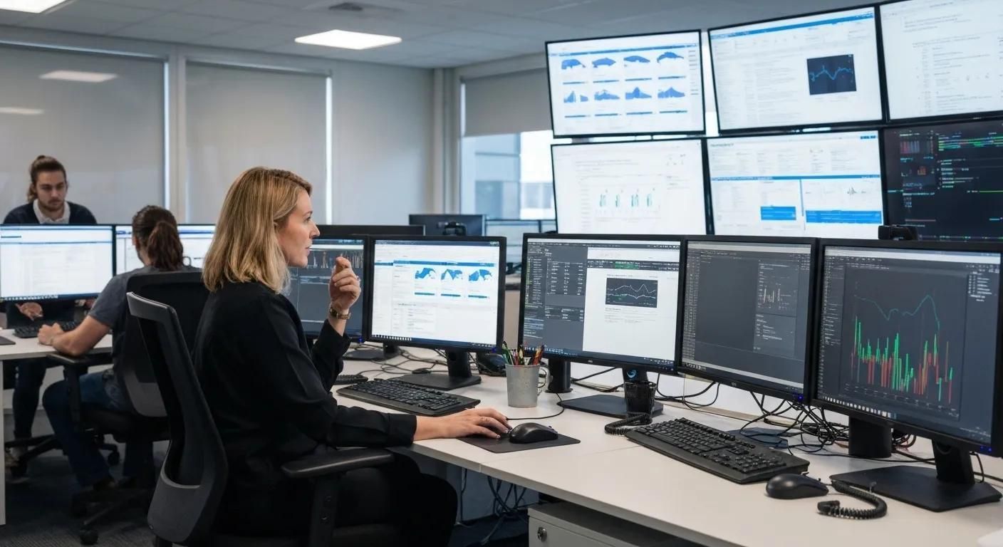 People working at computers with multiple monitors in an office setting, analyzing data.