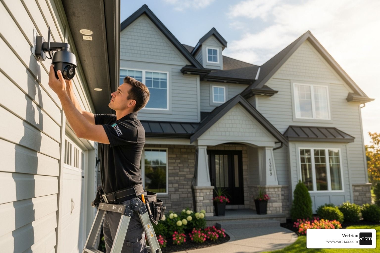 Man installing a security camera on a house. House exterior: gray siding, black roof, flowers.