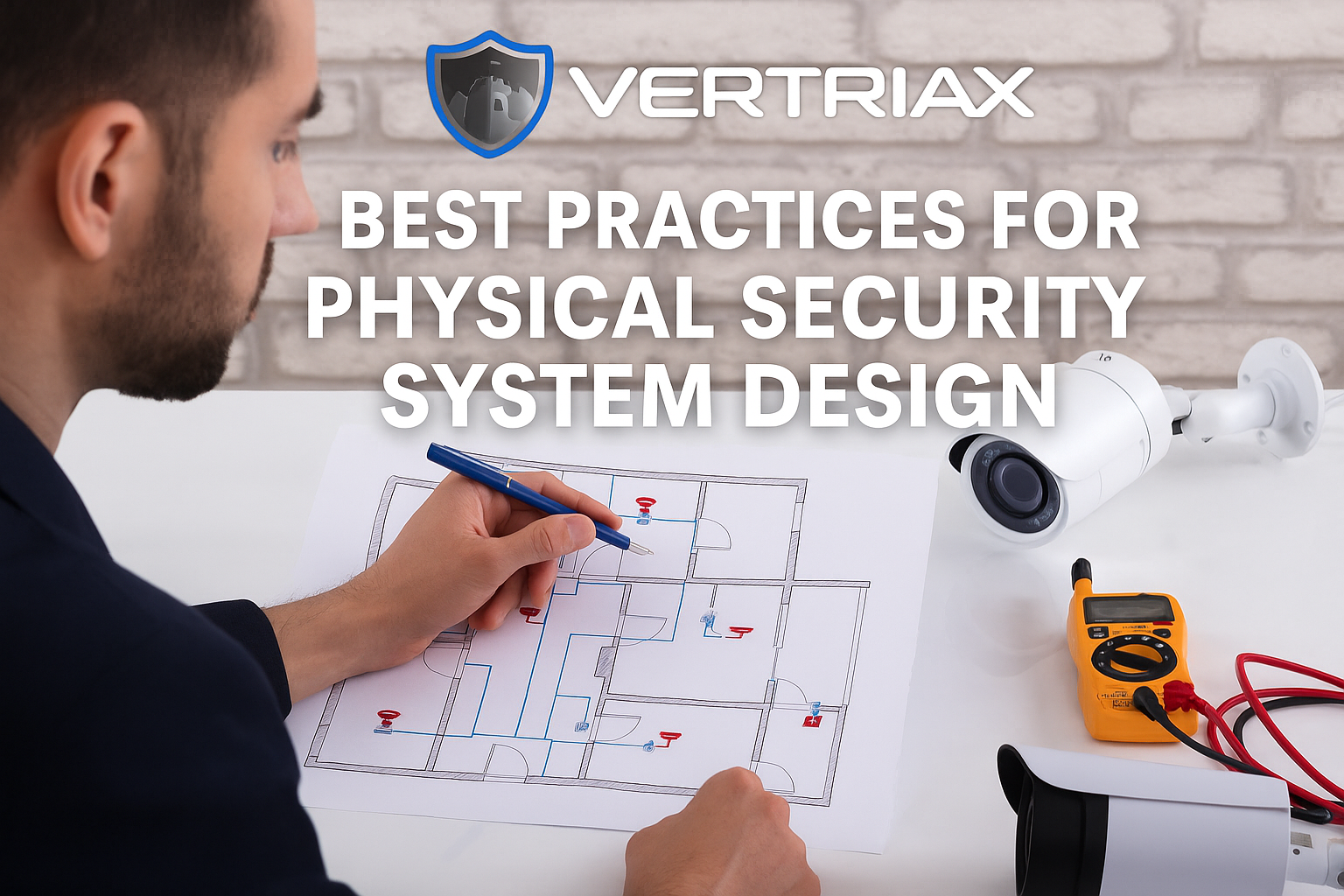 Security expert designs a physical security system with surveillance equipment and floor plans for Vertriax Security Solutions.