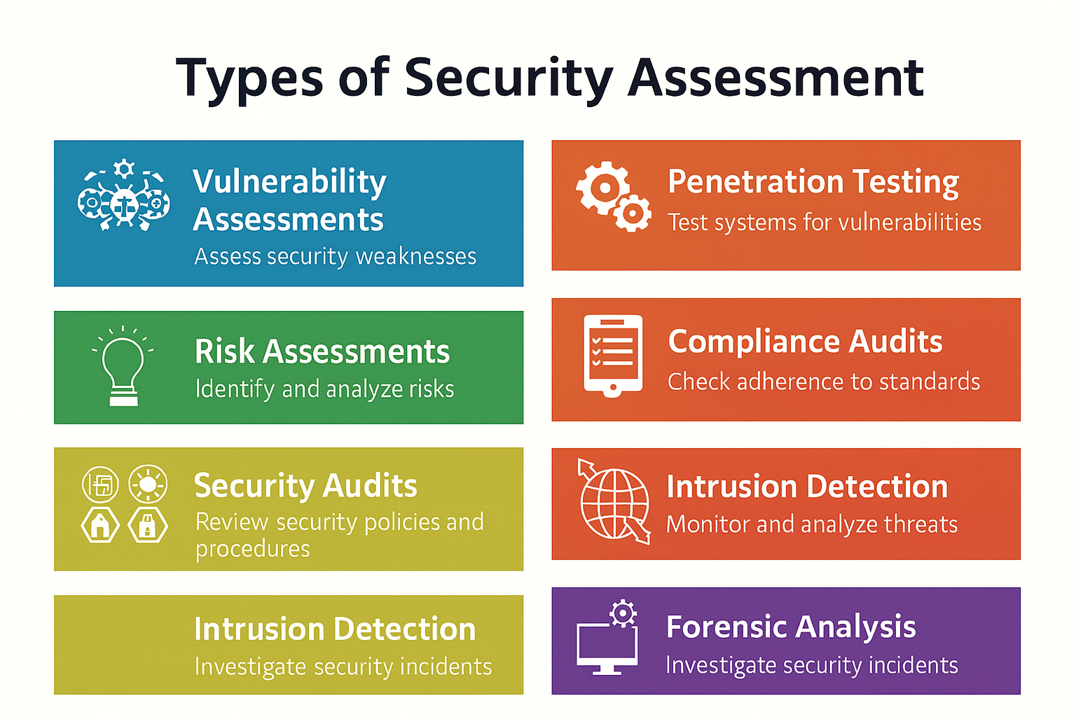 Infographic showing types of security assessments: Vulnerability, Risk, Security, Penetration Testing, Compliance, Intrusion Detection, and Forensic Analysis.