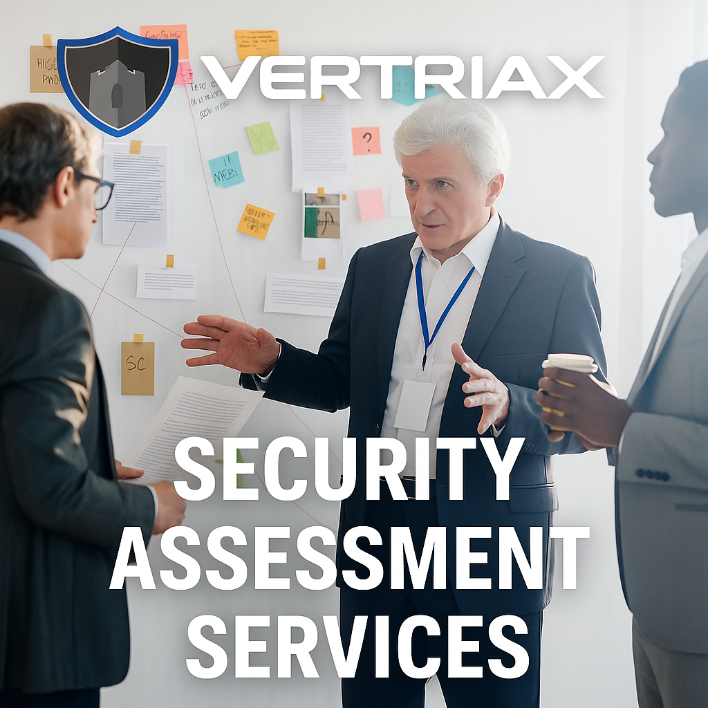 Three business professionals discuss security strategy in a planning room.