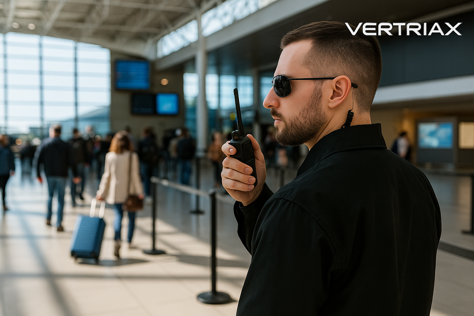 Security agent with earpiece and radio providing airport travel security protection.