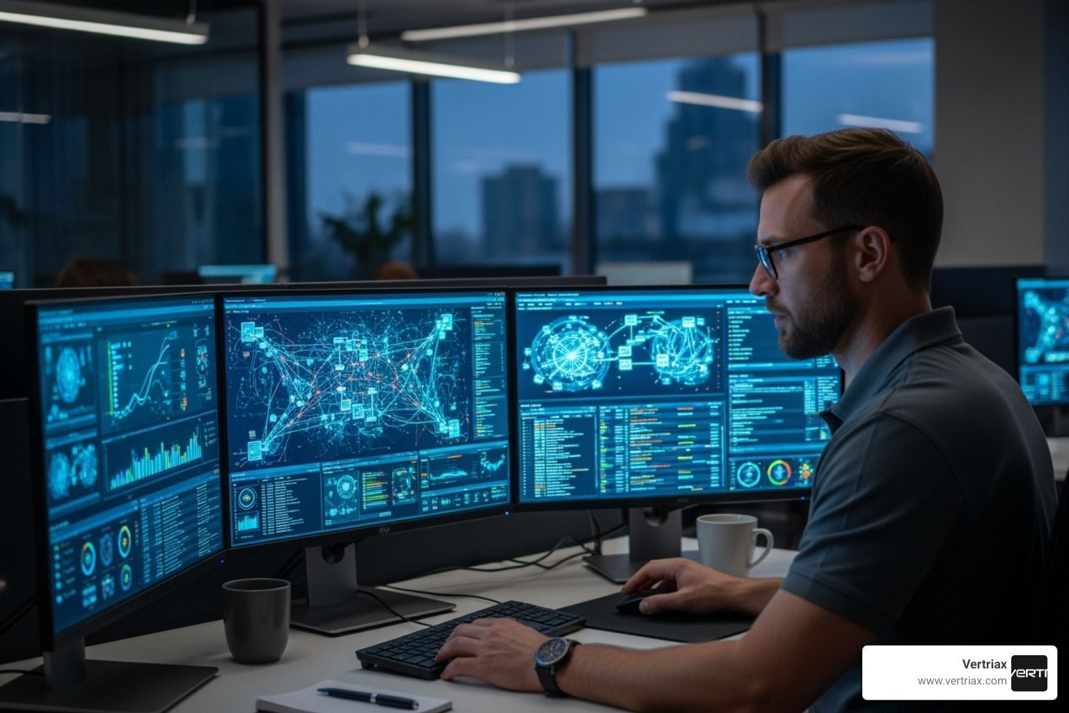 Security professional analyzing threat data - information security threat assessment