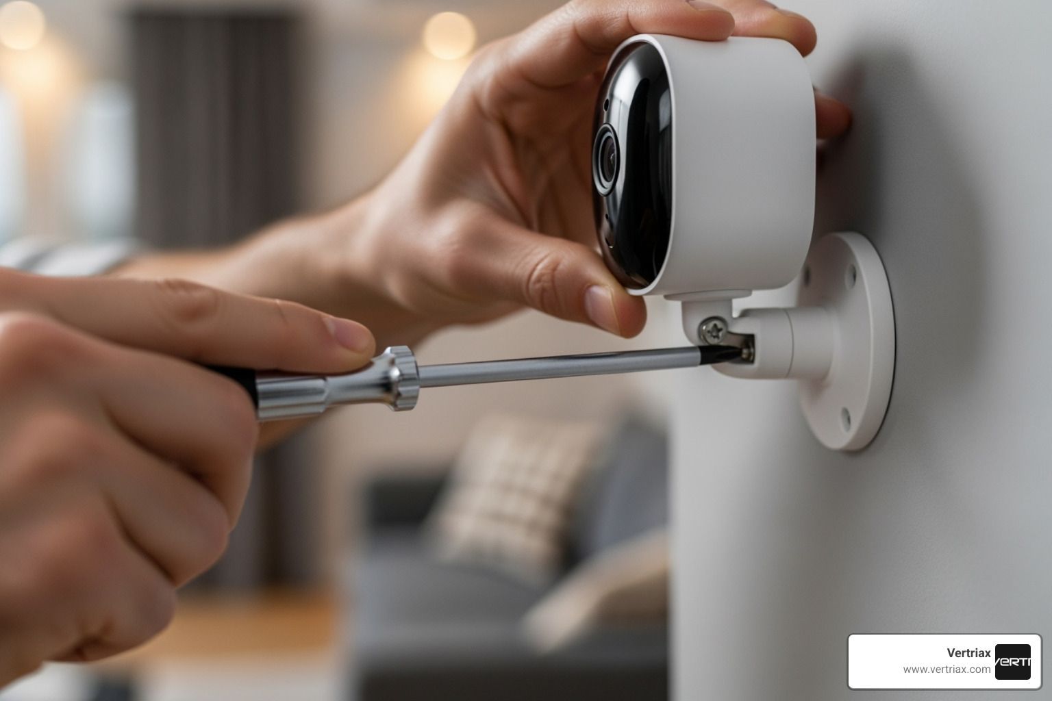 Person attaching white security camera to wall with a screwdriver.