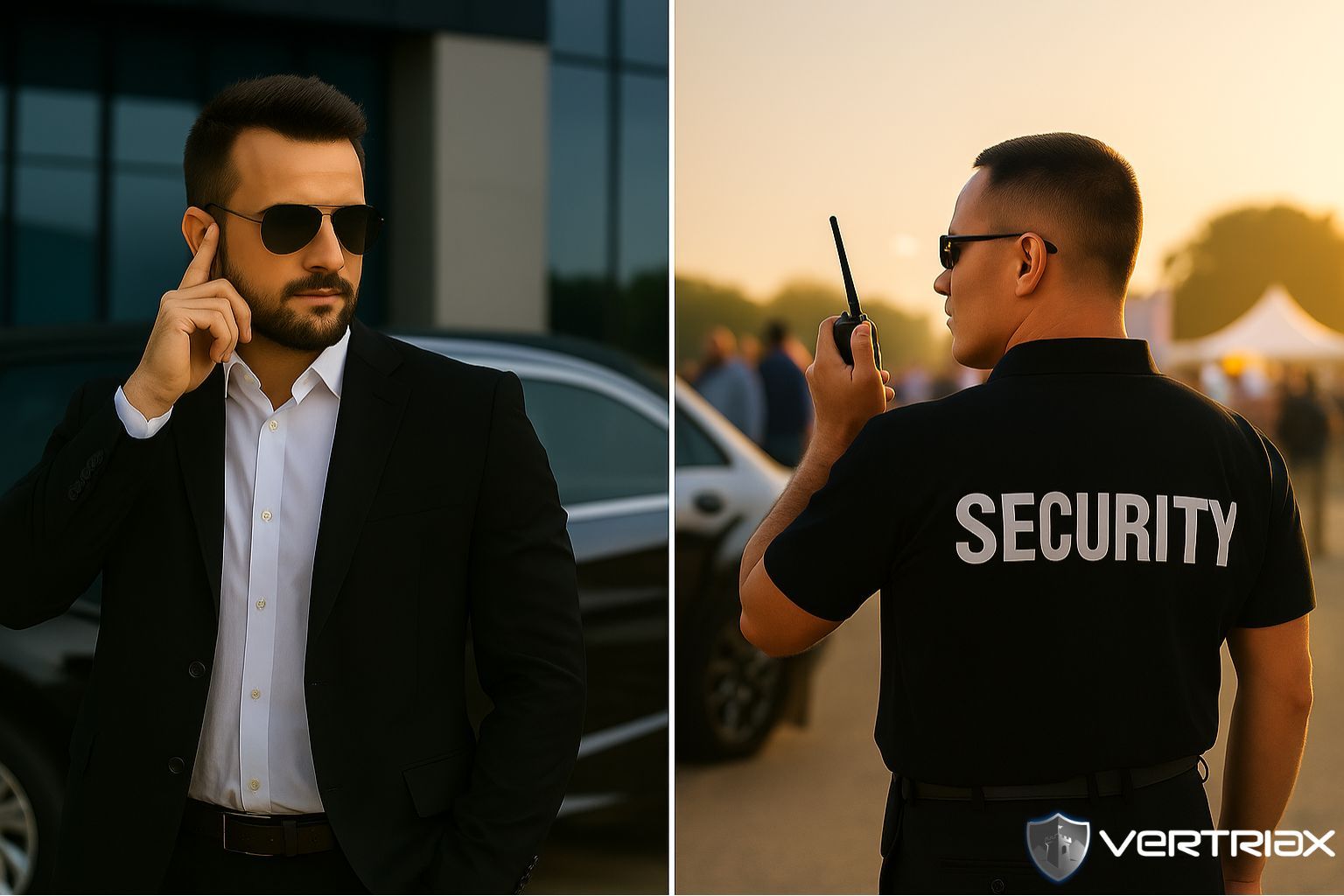 Split image of Vertriax executive protection agent in suit and event security guard on duty at a public venue.