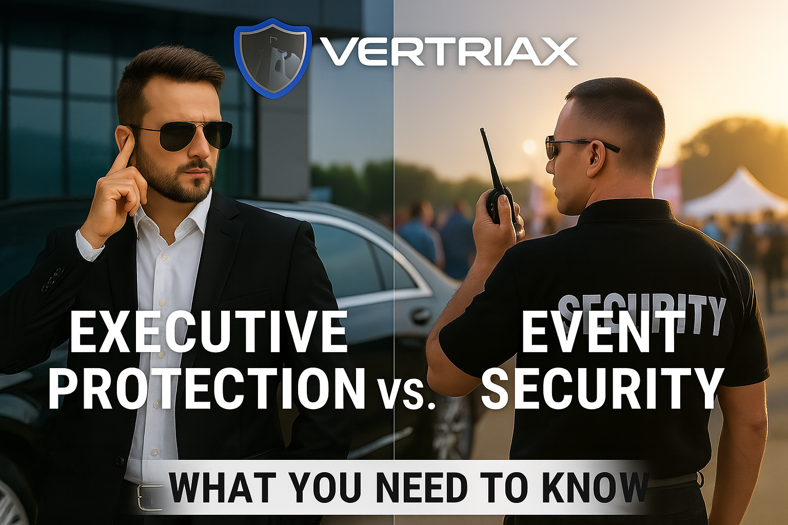 Executive protection vs event security graphic with Vertriax Security Solutions