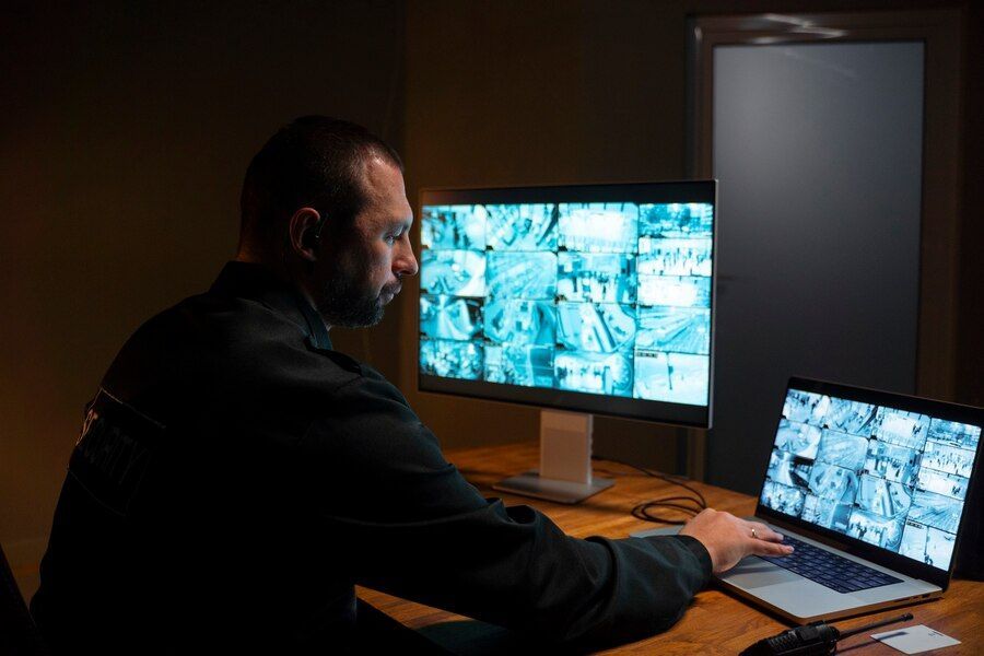 Security officer reviewing surveillance camera footage on dual screens during 24/7 monitoring shift.