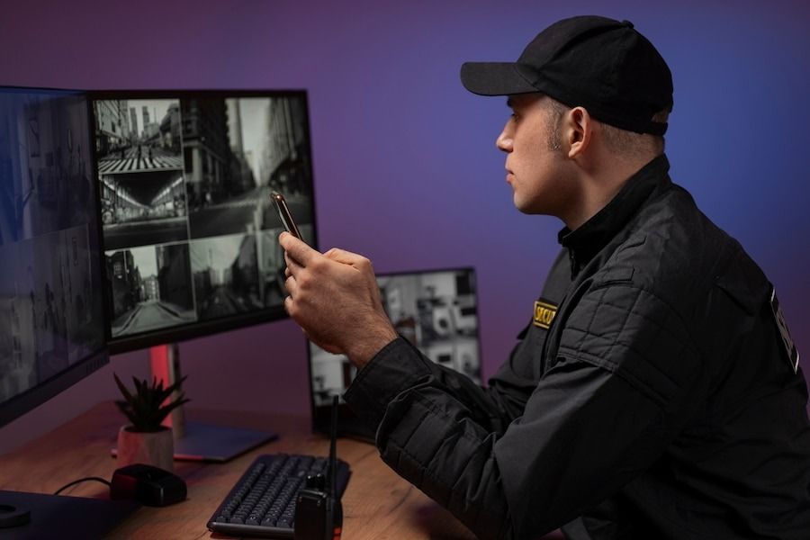 Security officer monitoring live street footage on surveillance screens while holding a two-way radio.