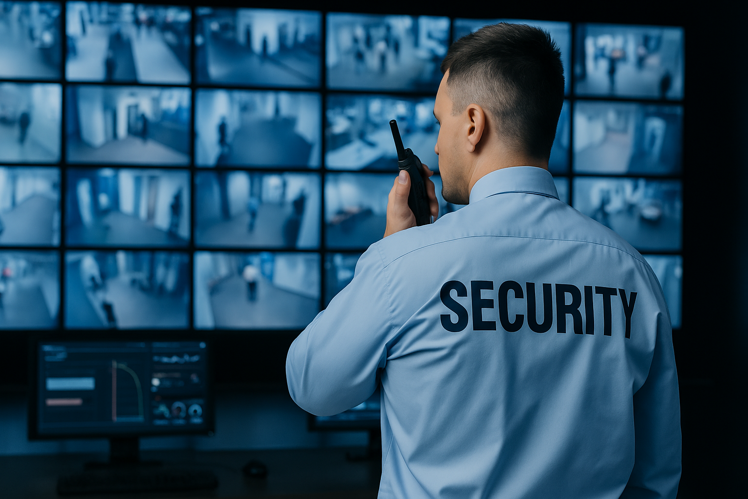 Security officer monitoring surveillance feeds in operations center for 24/7 threat detection.