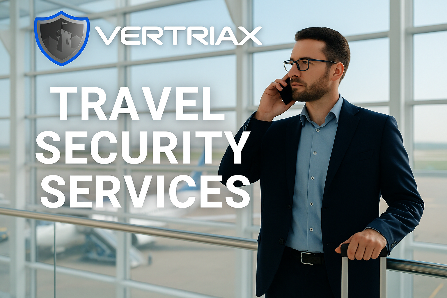 Business traveler on phone at airport with Vertriax logo, representing travel security services.