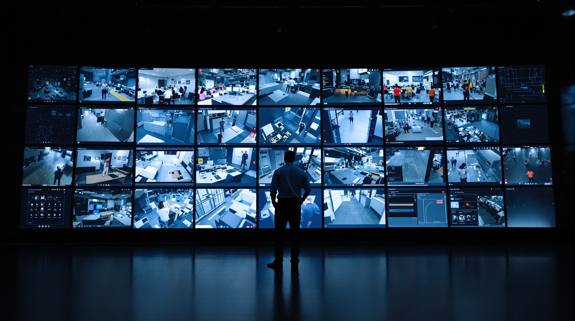 Security operations expert monitoring live surveillance feeds in a 24/7 operations center vertriax security solutions