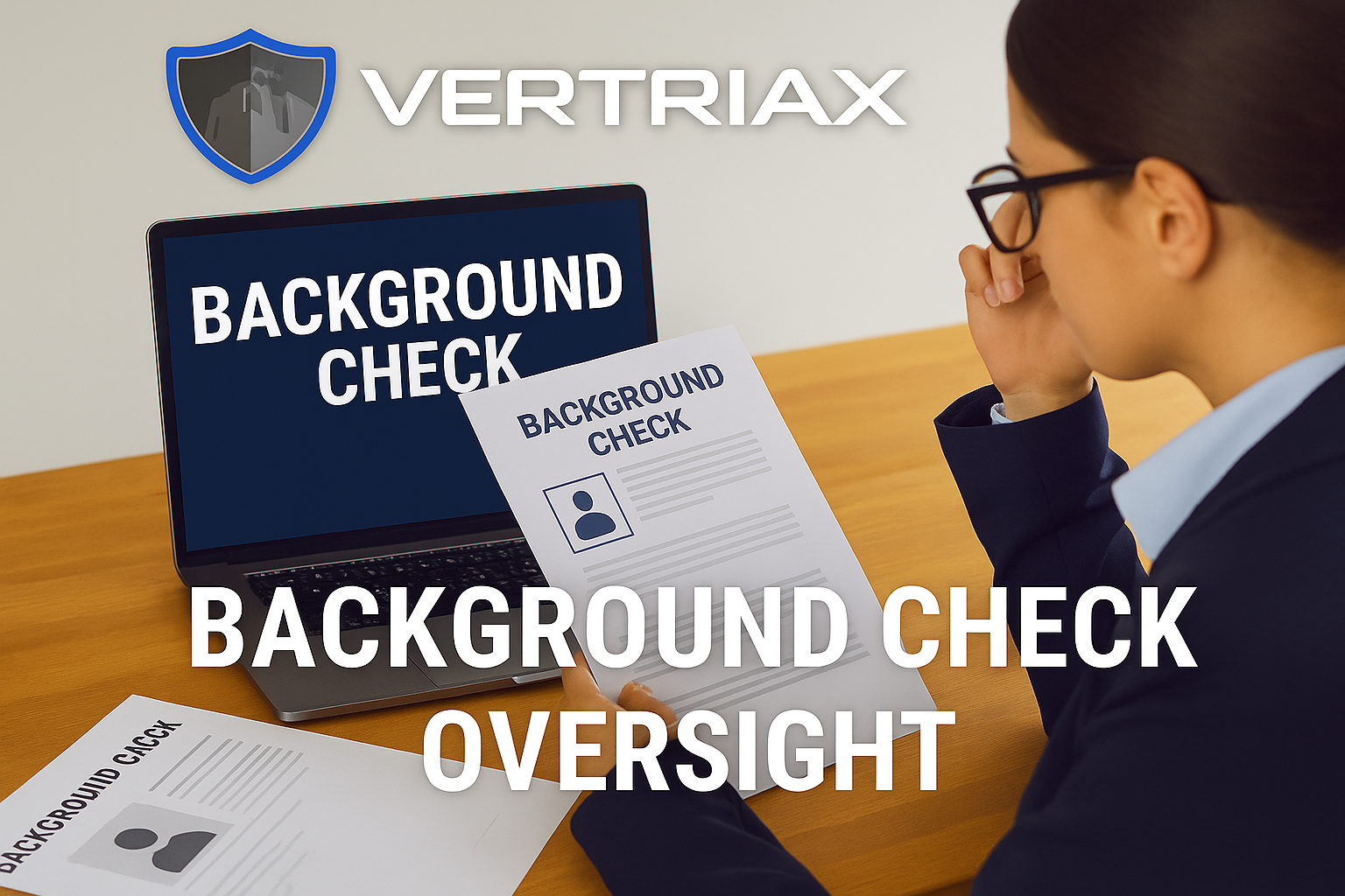 Vertriax staff member reviewing background check documents on a laptop and printed files.