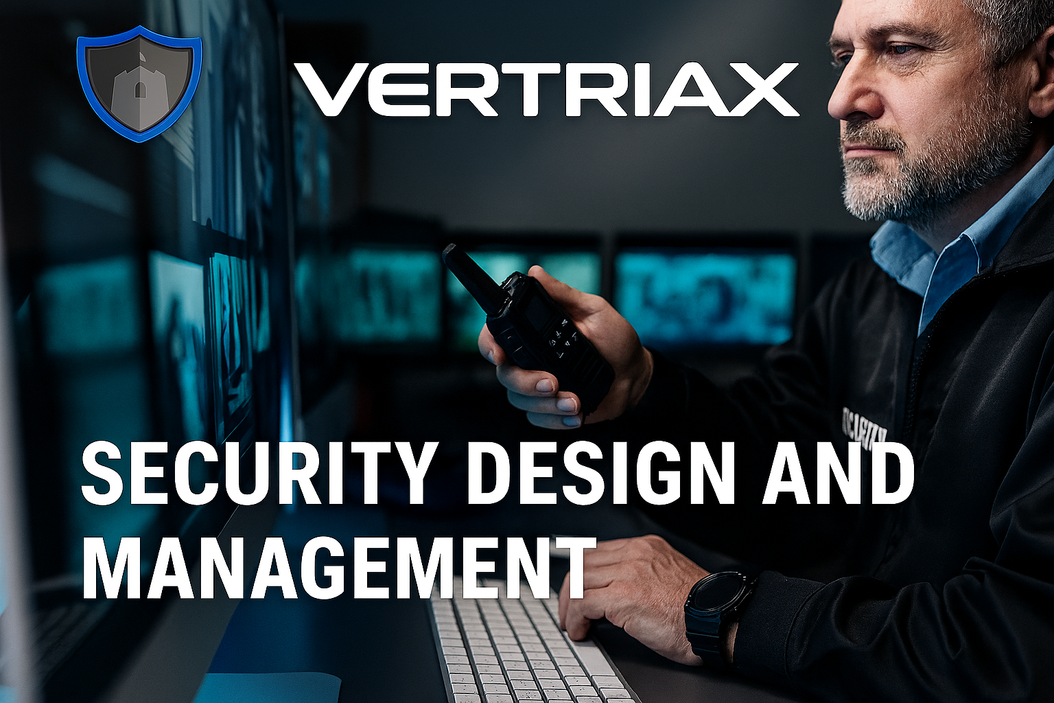 Security expert monitoring systems at workstation with Vertriax logo and service message overlay.