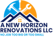 Logo for A New Horizon Renovations LLC: house with tools, blue and orange. "No job too big or too small."