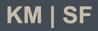 Beige “KM | SF” text on a dark blue background