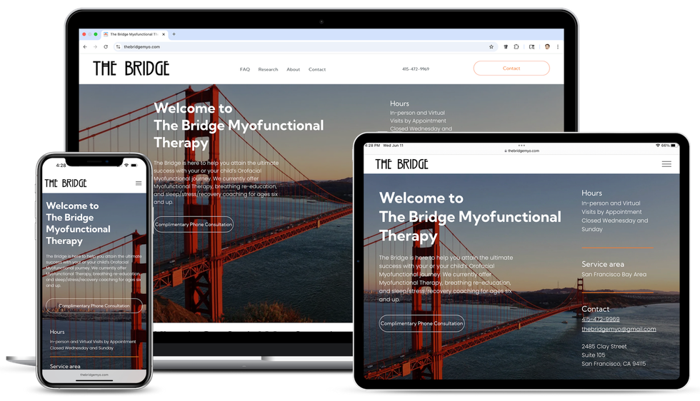 The Bridge Myo website featured on a desktop computer, a laptop and a smartphone.