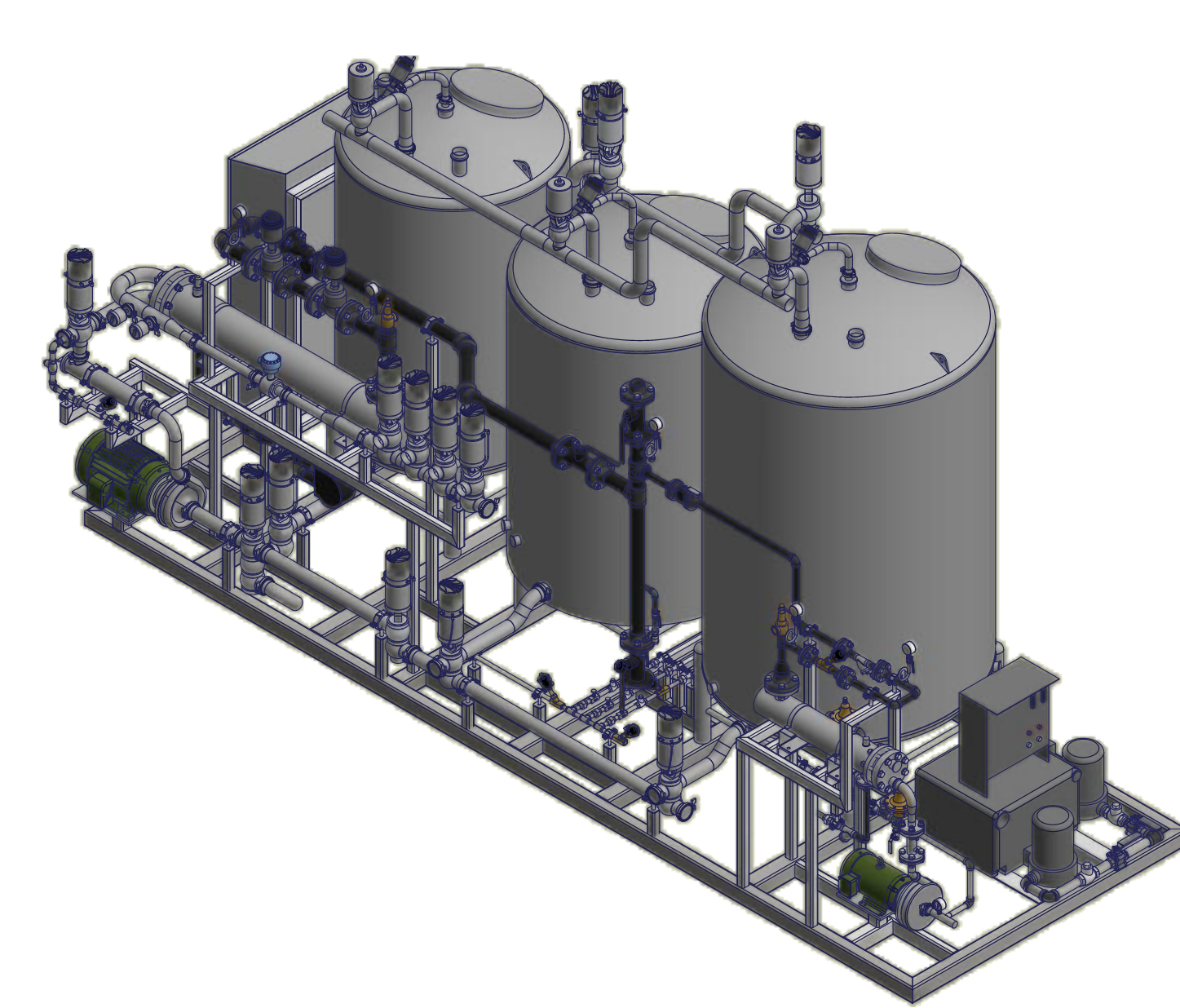 A 3d model of a stainless steel tank system