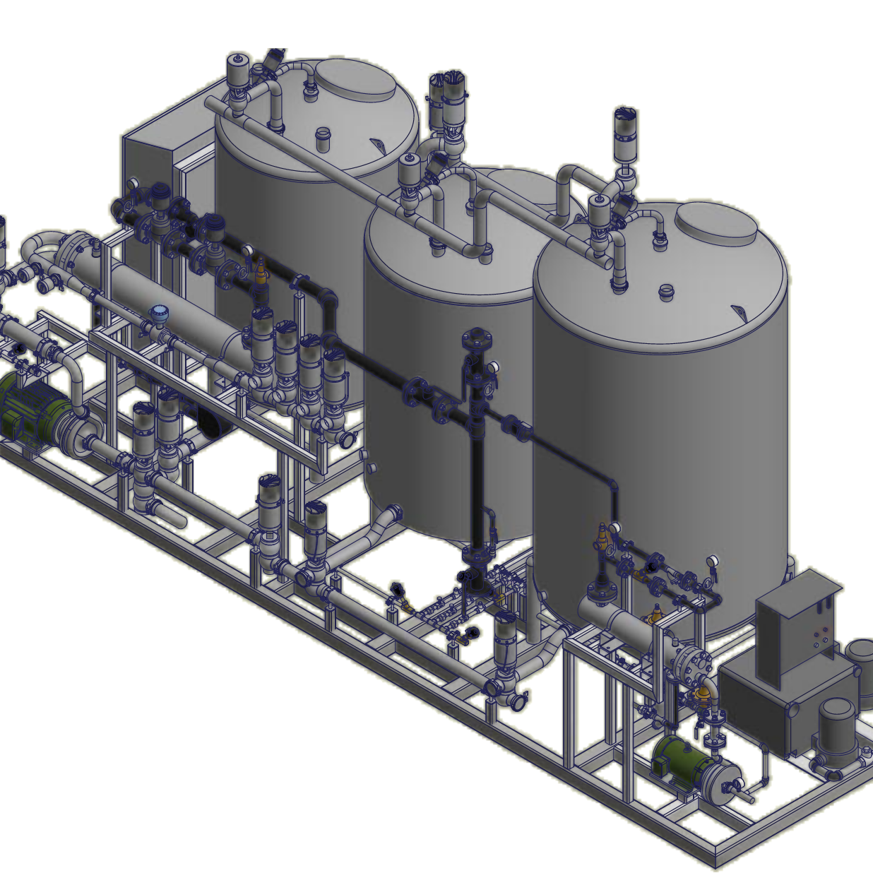 A drawing of a machine with three tanks and pipes