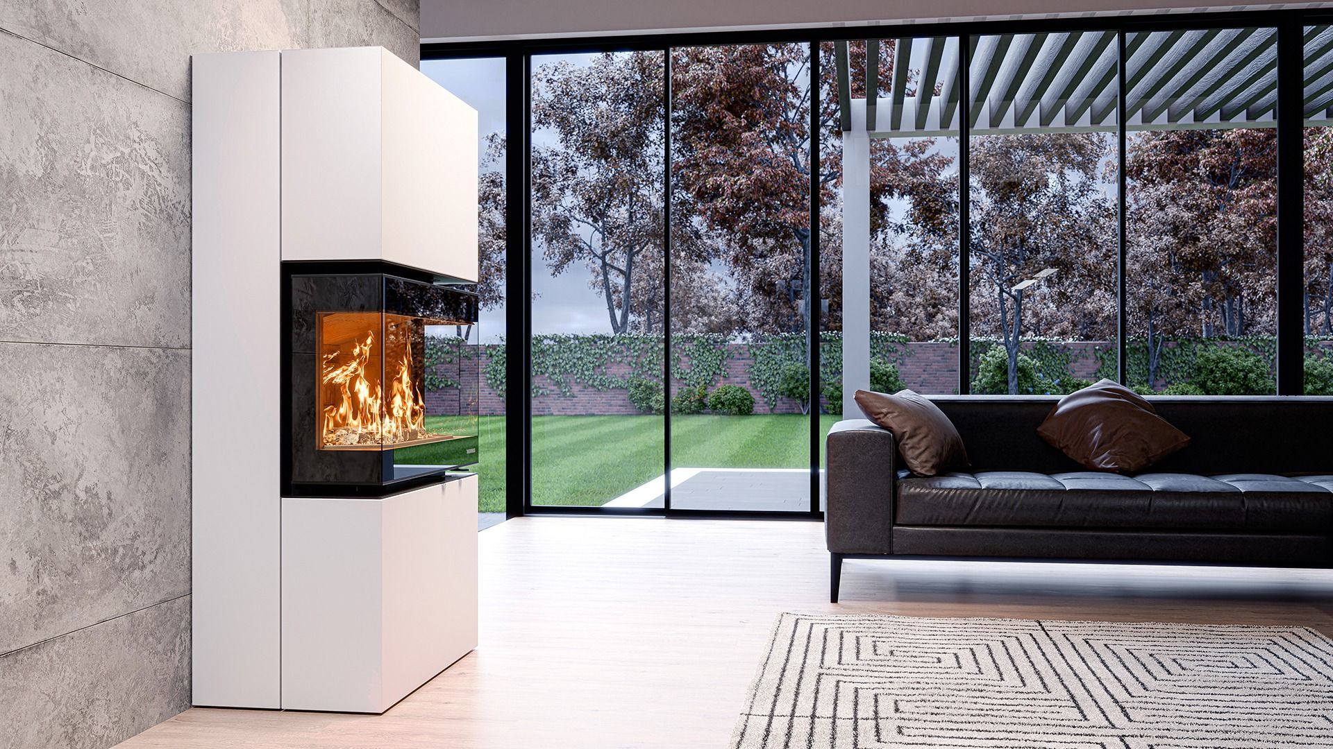 Camino bianco con fuoco acceso in un soggiorno moderno con vista.