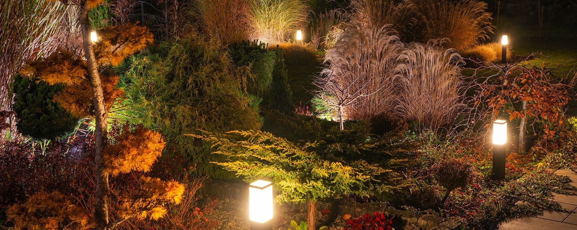 Lit garden path at night with glowing lanterns and colorful flowering shrubs