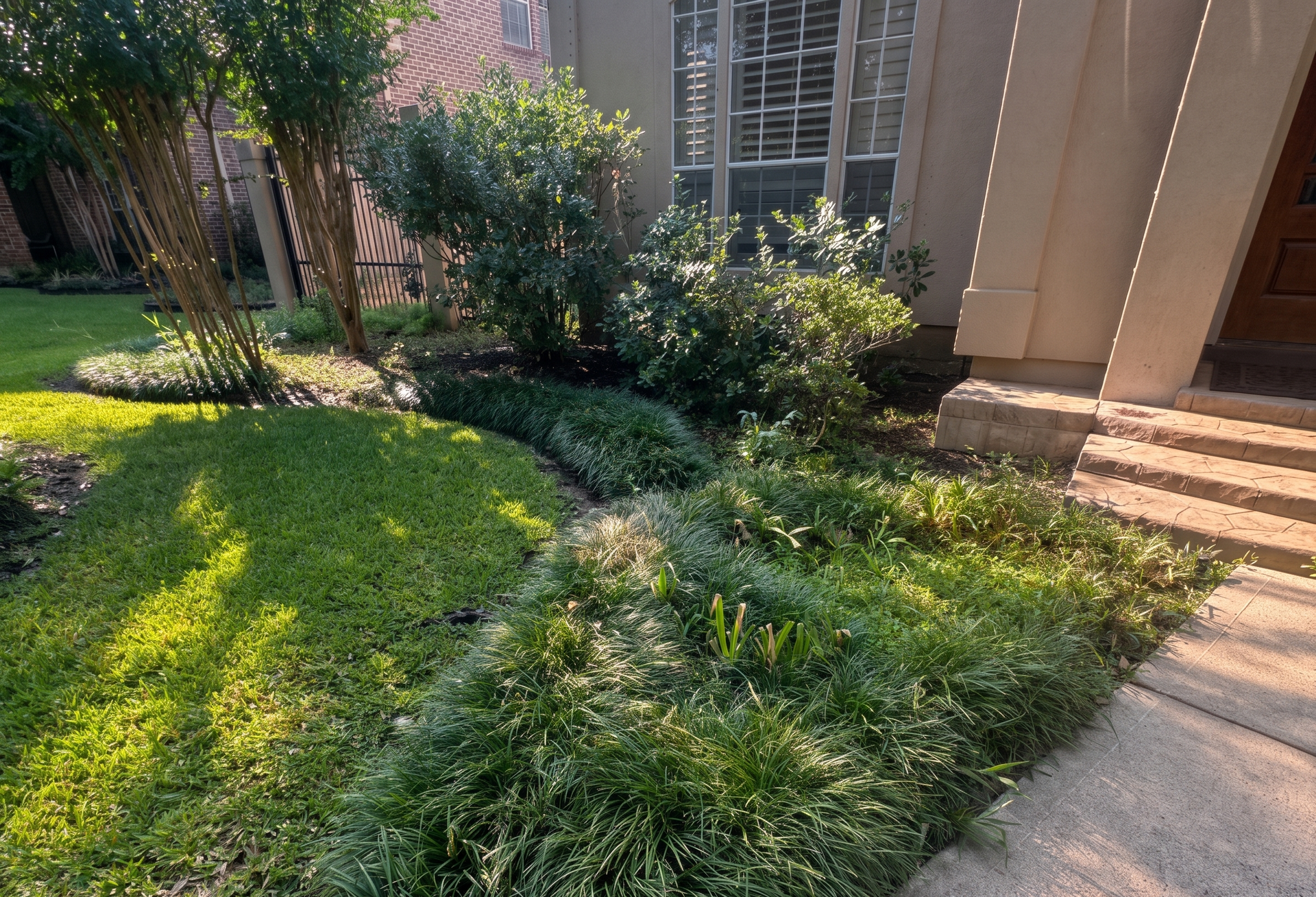Front yard garden with green shrubs, grass, and a concrete walkway beside a house.