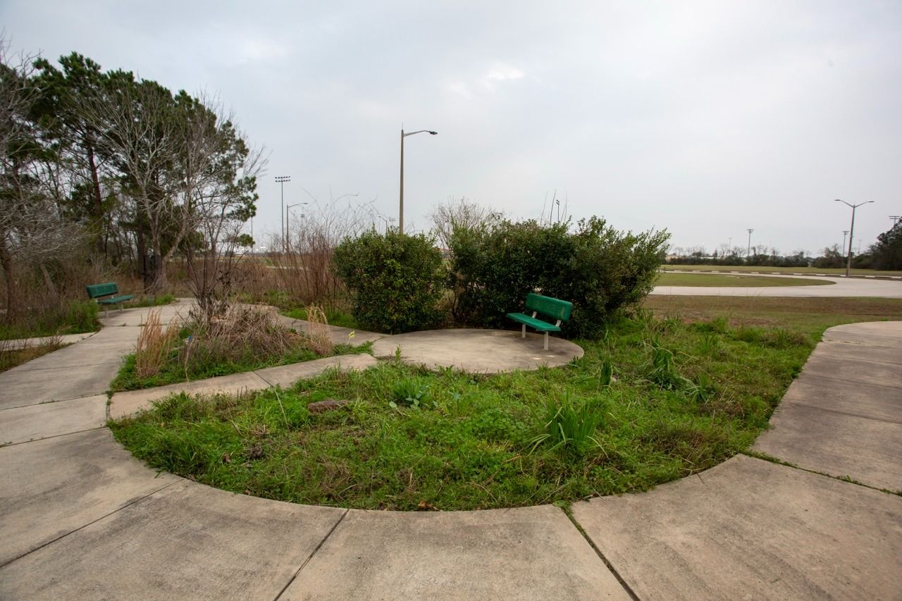 Curved concrete path around a grassy island with bushes, a green bench, and a streetlight in an open park area
