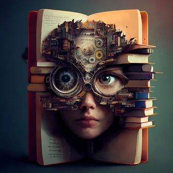 A person's face framed by a detailed steampunk mask within an open book; stacks of books flank the face.