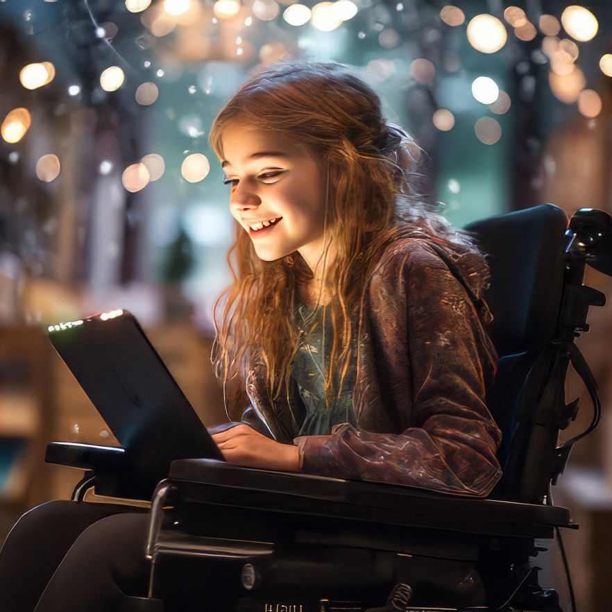 girl in a wheelchair using a laptop