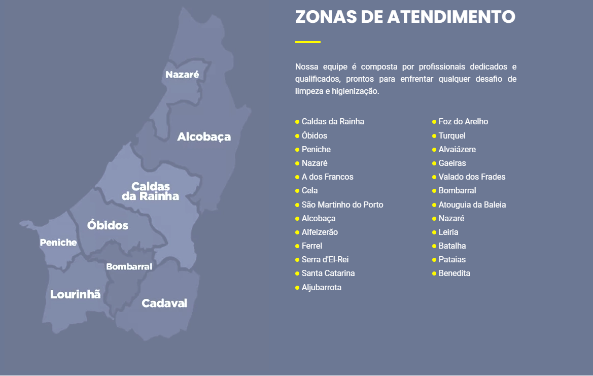 A comfort Care atendo o serviço de comfort care
Zonas de atendimentos
Caldas da Rainha
Óbidos
Peniche
Nazaré
A dos Francos
Cela
São Martinho do Porto
Alcobaça
Alfeizerão
Ferrel
Serra del Rey
Santa Catarina
Aljubarrota
Foz do Arelho
Turquel
Alvaiázere
Gaeiras
Valado dos Frades
Bombarral
Atouguia da Baleia
Nazaré
Leiria 
Batalha
Pataias 
Banedita 