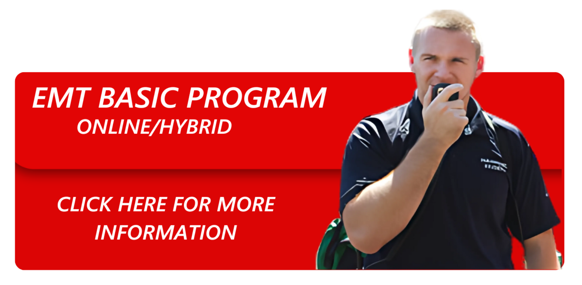 A man is holding a walkie talkie in front of a sign that says advanced ems programs